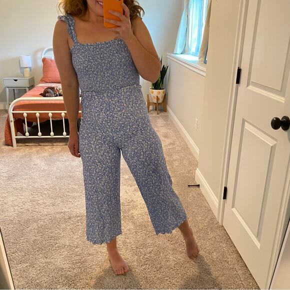 Intermix Blue White Floral Smocked Jumpsuit 4 - Picture 3 of 12
